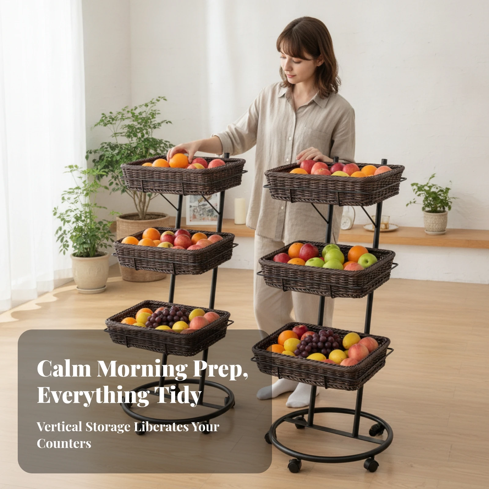 Vegetable Display Basket Rack Space-Saving Freestanding Produce Display Stand Storage Organizer Detachable for Retailers