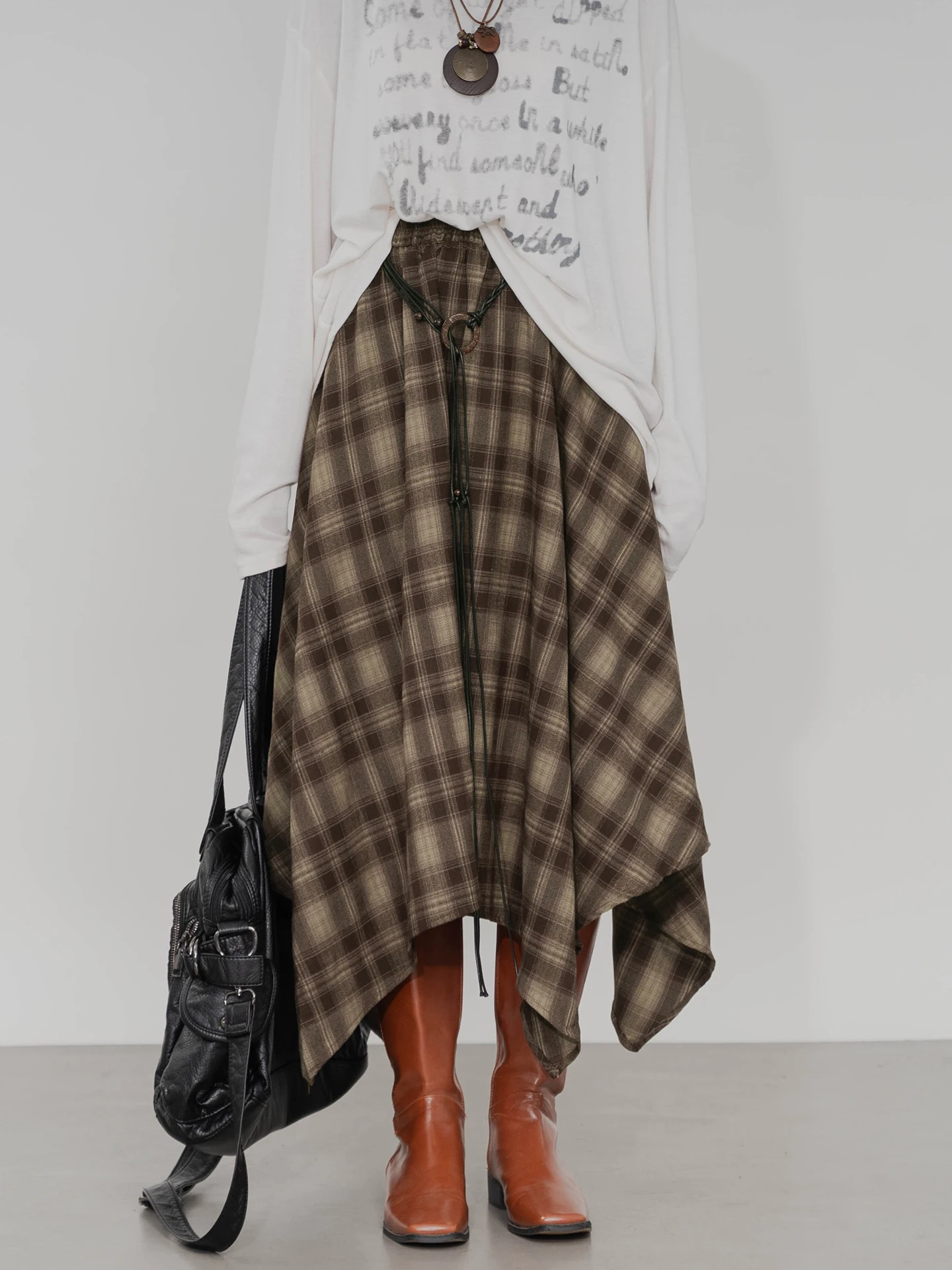 

Retro High Waist Elastic Waist Tweed Skirt Women's Faionable Asymmetrical Design Slimming Versatile Sweet Cool Plaid M...