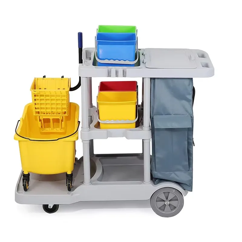 

High Capacity Housekeeping Janitorial Multifunctional Cleaning Cart Trolley Tools With Bag