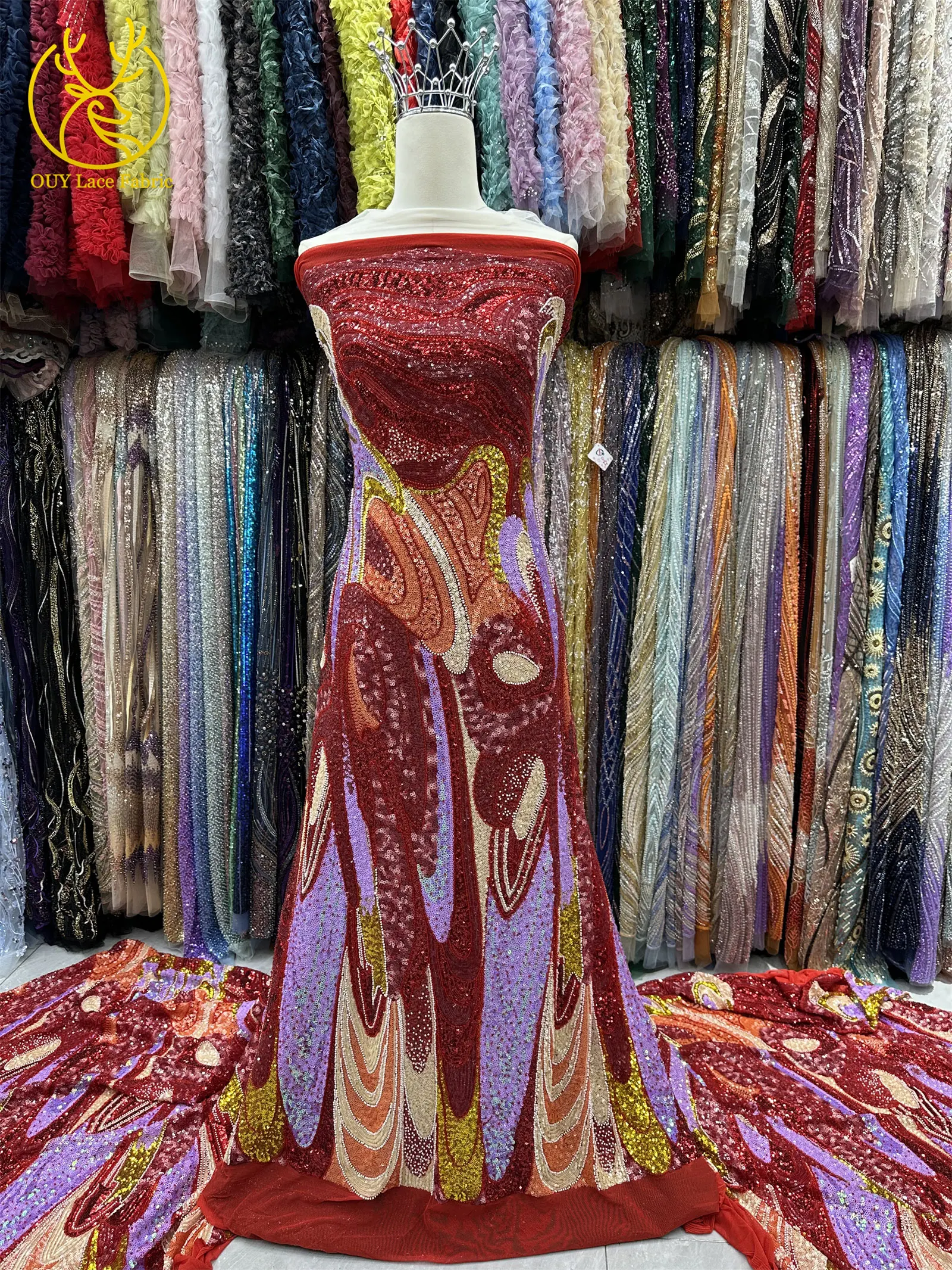 Wunderschöner Bunter Damen-Hochzeitskleiderstoff Handgefertigte Perlen-Stickerei Vollständig mit Pailletten Besetzter Afrikanischer Hochwertiger Spitzenstoff – Detail 5