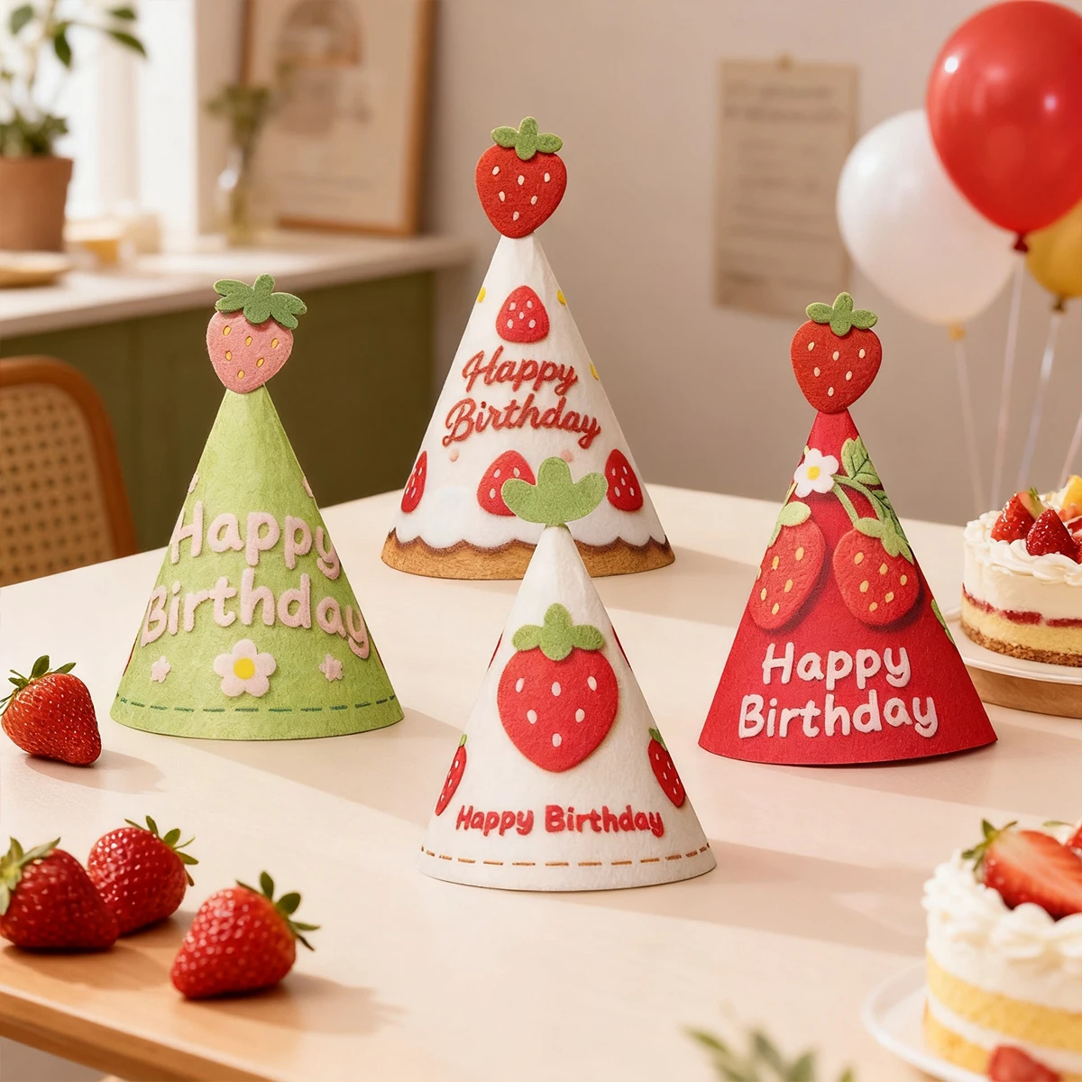 Chapeau d'anniversaire fraise rouge mignon et adorable, accessoire photo commémoratif pour fête, idéal pour adultes