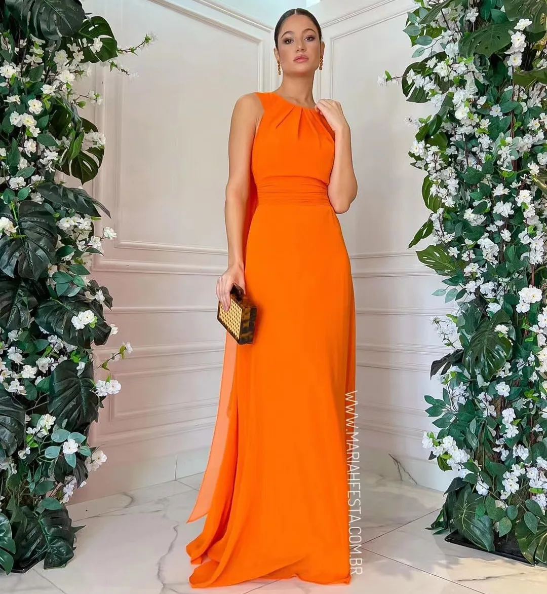 Orange Chiffon Prom Dresses with Flutters Sleeveless Zipper Back Wedding Guest Dress for Women Long Evening Party Gowns