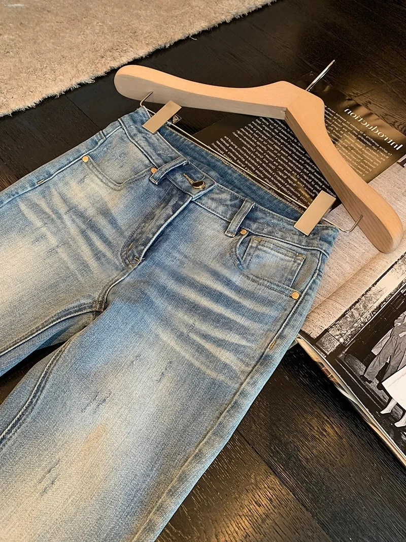 Light Blue Washed Vintage  Jeans Flared Denim Pants Slimming Versatile Ladies Summer Jeans Natural Waist Button Closure