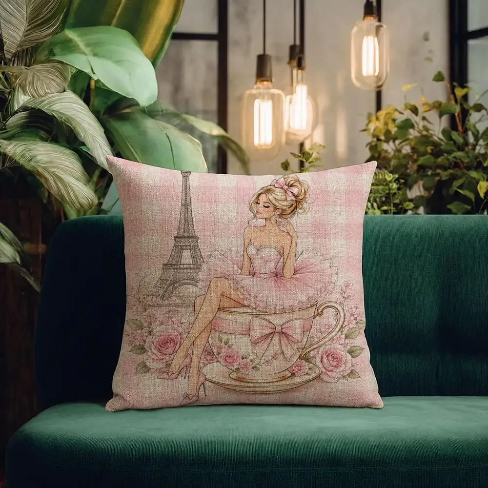 Art Pink Paris Girl Illustration Cushion Cover Natural Linen Pillowcase Set Cushion Cover for Sofa Bedroom Chair