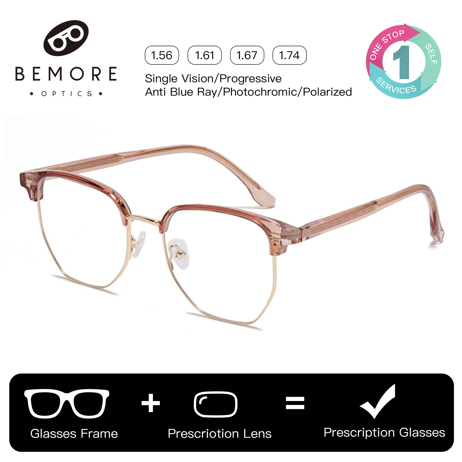 BEMORE Square Optical Glasses with Prescription Unisex Photochromic Anti Blue Light Metal Women Men Optical Grade Eyewear