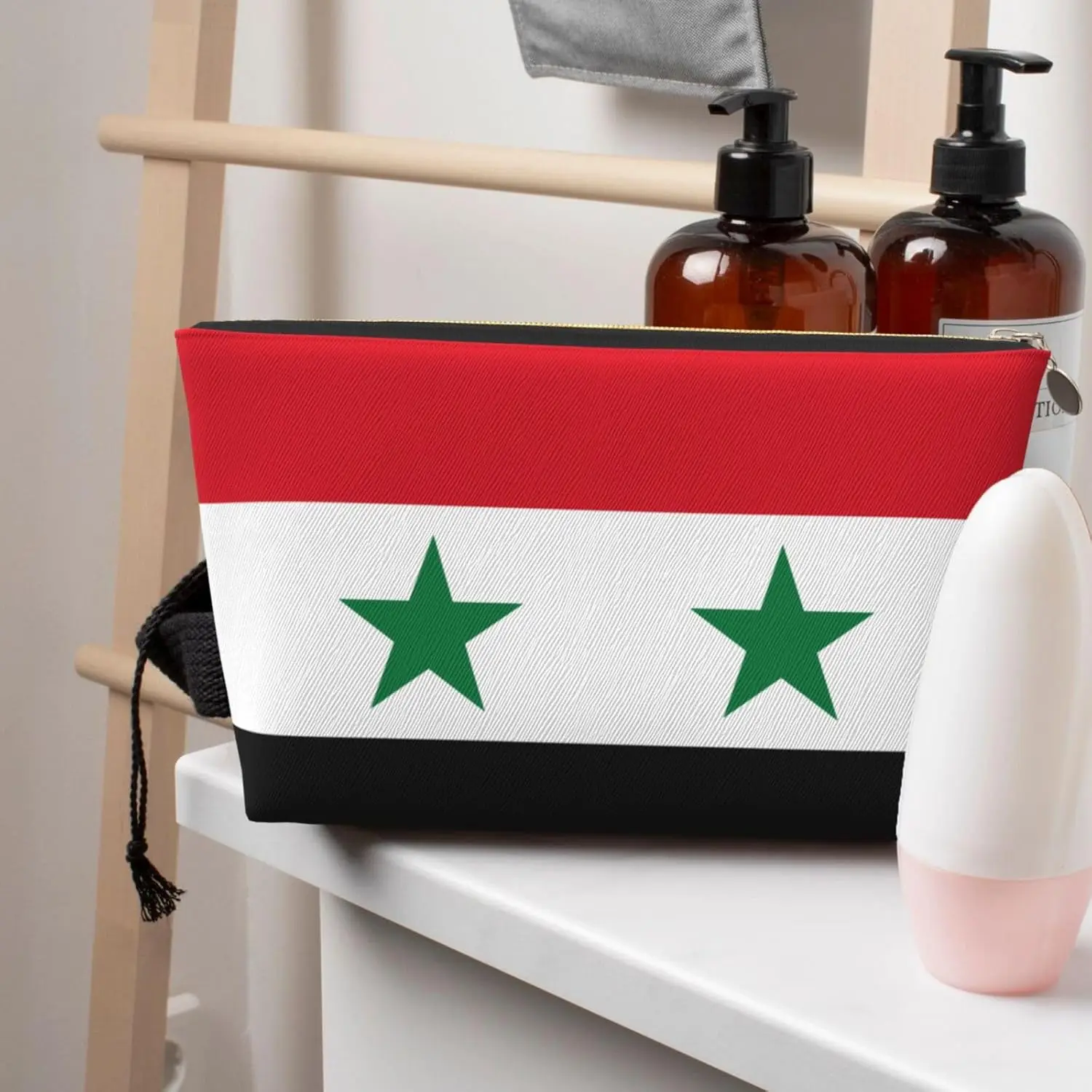 Flag of the Syrian Arab Republic Leather Travel Toiletry Bag - Reusable Cosmetic Makeup Accessories Organizer Zipper Pouch for D