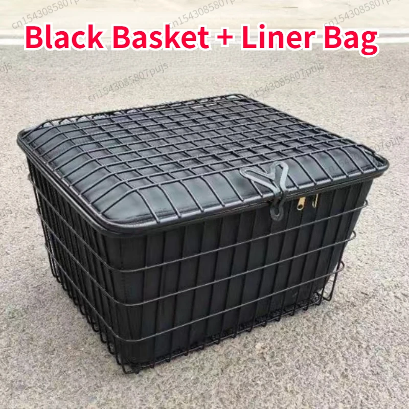 All-metal Solid Oversized Bicycle Basket Electric Vehicle Basket Black Rear Basket 45cm Bicycle with Cover Large Basket