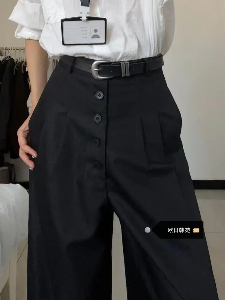 

Large size black high waisted suit pants women spring straight leg sickle casual floor dragging wide leg curved knife pants