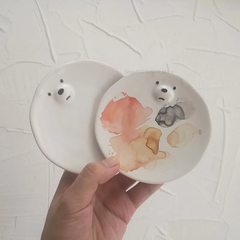Ceramic Palette Cute Ins Bear/cat/pig Plate Watercolor Palette Ceramic Mini Chinese Painting Gouache Art Tools Art Supplies