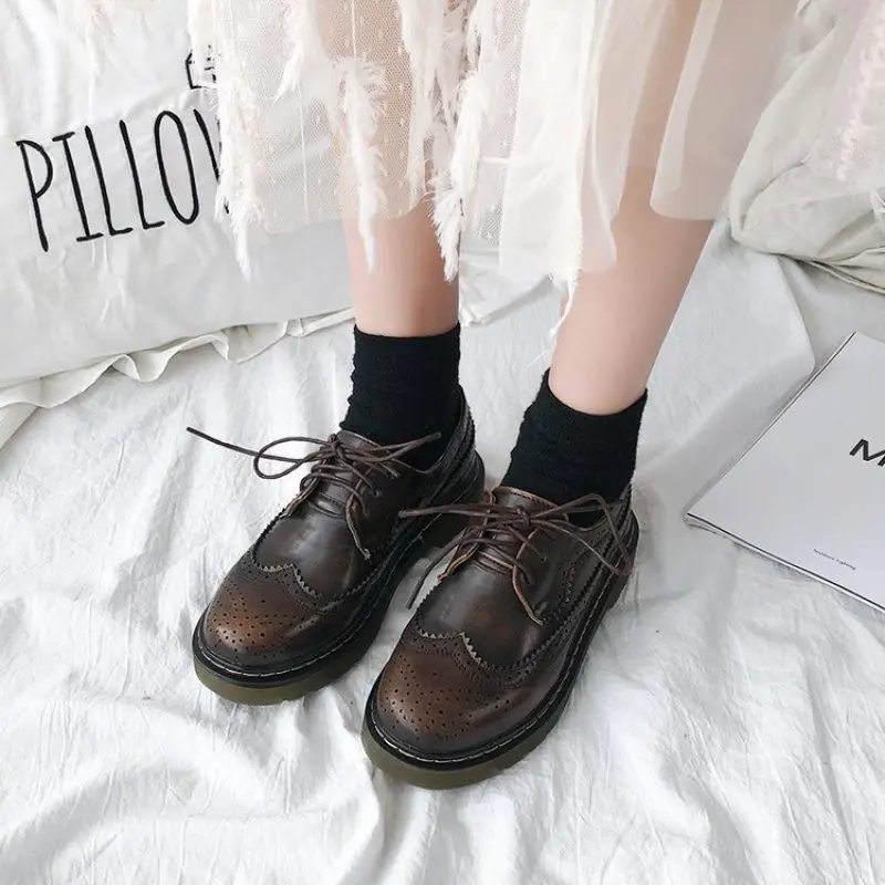 Ins Vintage England Style PU Leather Shoes Student Daily Joker Lace Up Flats Shoe Korean Spring Autumn Black Shoes 2022