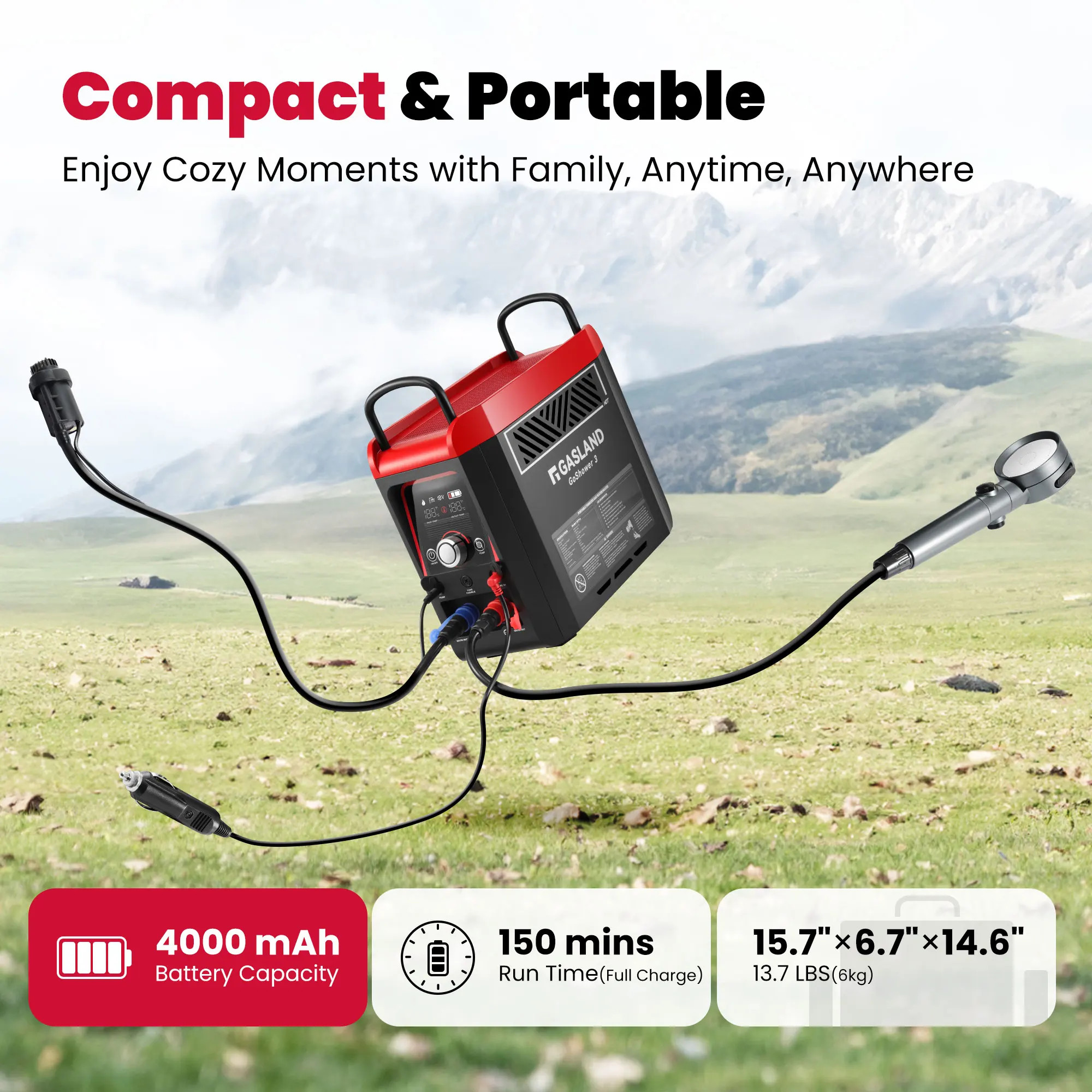 GASLAND Goshower G3 Pro Portable Propane Camping Shower Heater 1lb Gas Water Heater with Pump 4000mAh Battery Up To 100min