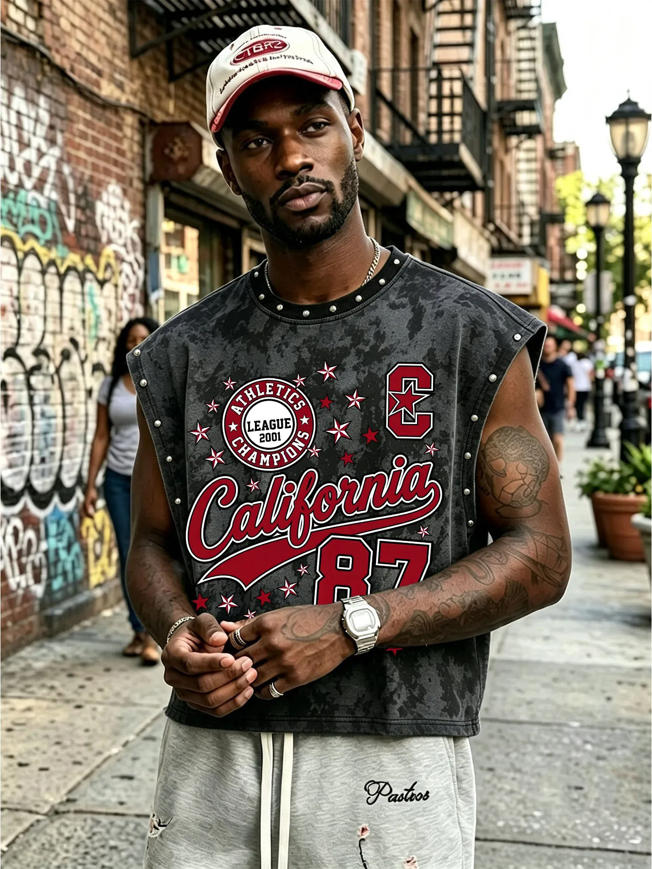 Tie Dye Sleeveless Tank Top, California 87 Varsity Print Imitation Pearl Trim Vest  tank top men mens clothing