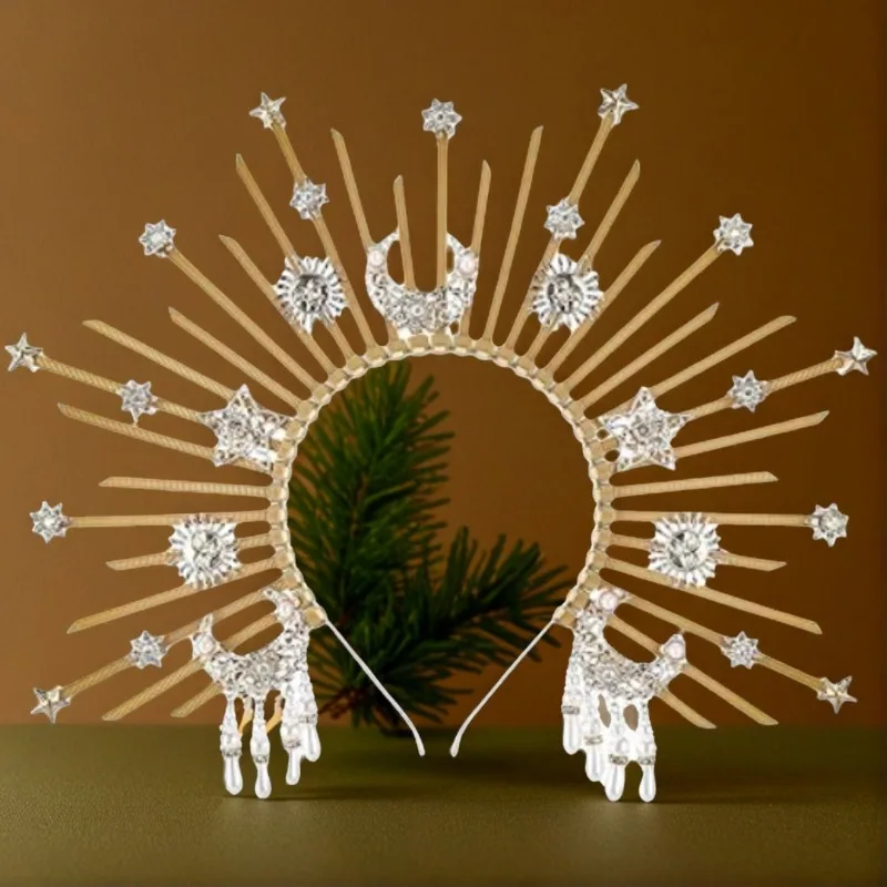 

Sunburst Spike Sun Crown-Moon Star Greek Goddess Gold Halo Headband with Tassel,Angel Queen Virgin Mary Headpiece for Women