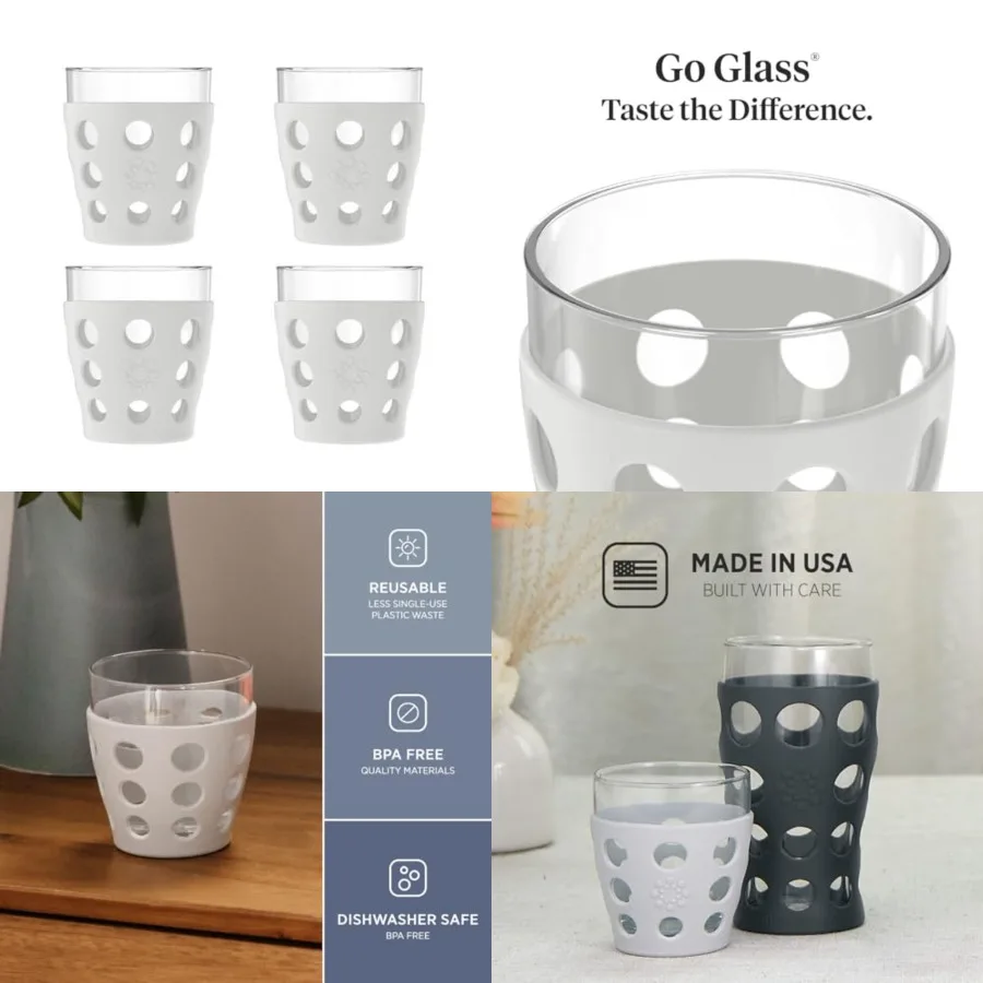 

10-Ounce Beverage Glasses with Protective Silicone Sleeves, 4-Pack