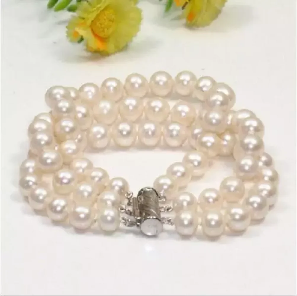 

Gorgeous AAA 3-Row 8-9mm 9-10mm Natural South Sea White Round Pearl Bracelet 14k 7.5-8 inch