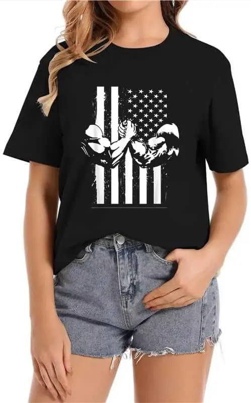 Arm Wrestling USA Flag Armwrestling Sports Crew Neck Casual Short Sleeve Vintage Summer Graphic T-Shirt for Women