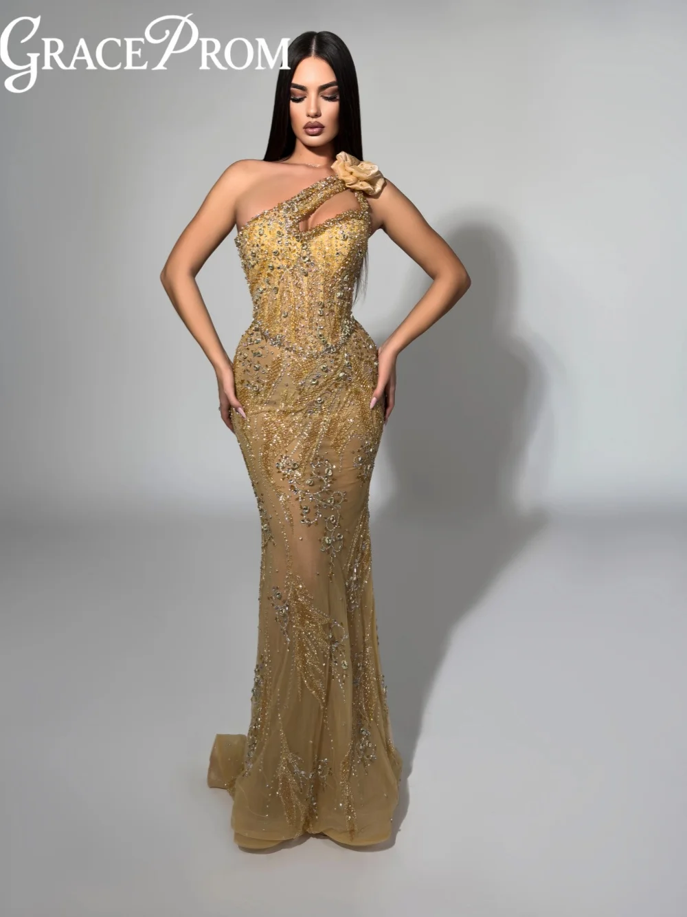 

Golden Beaded One Shoulder Evening Dress Elegant Illusion Sheath Long Formal Party Gown 2026 Customized Gorgeous Banquet Gowns