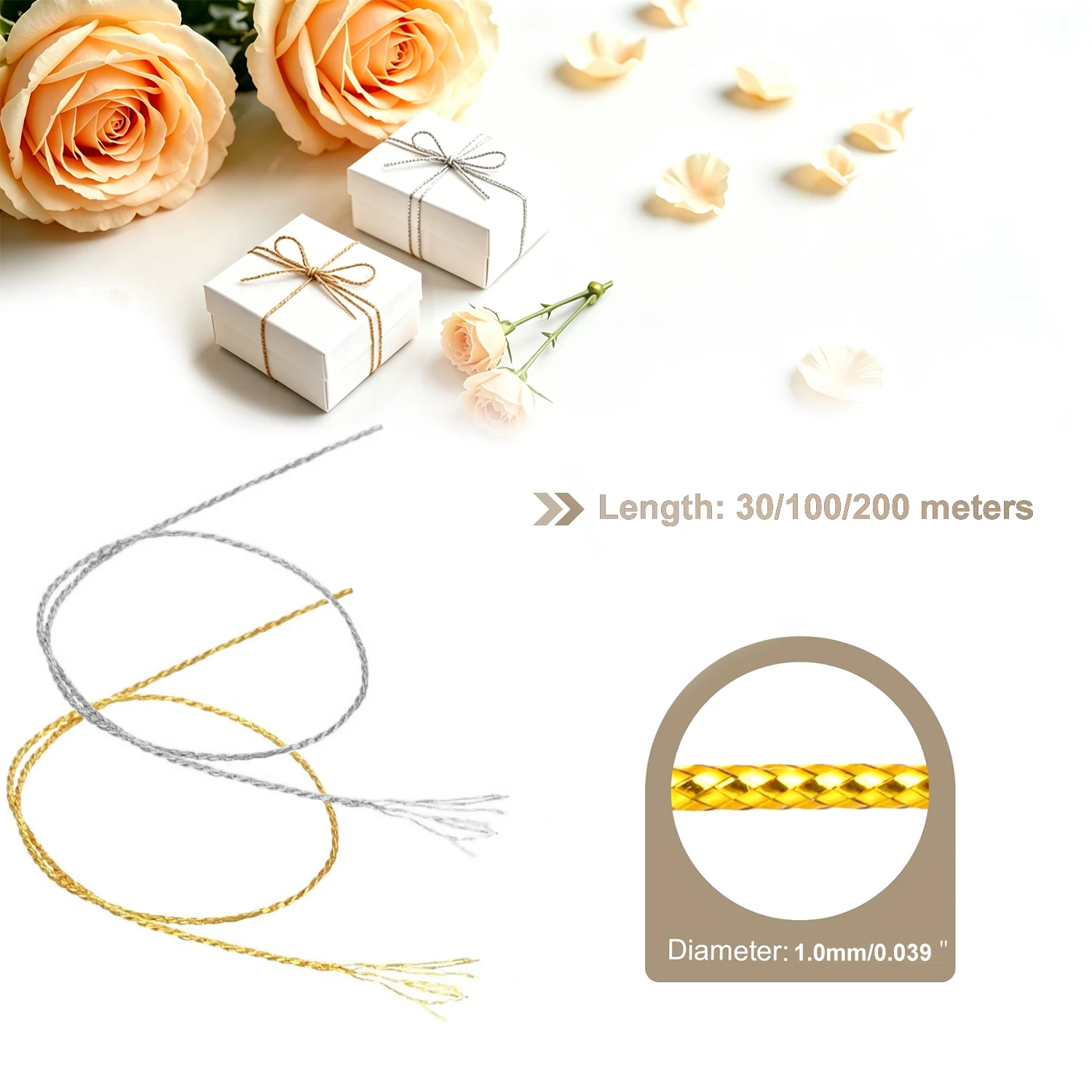 Immagine 6: Filo per Etichette in Argento/Bianco/Oro da 30/100/200 Metri, Filo per Gioielli, Corda per Etichette Regalo Fai-da-Te, Corda per Appendere Etichette 1/1,5mm