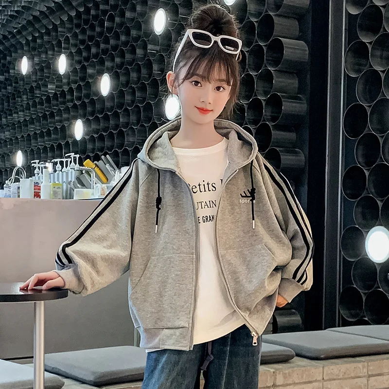 

New Spring Autumn Girls Jackets Kids Hooded Outerwear Gray Baseball Uniform Children Loose Varsity Jacket Coat 4 6 8 10 11 12 Y