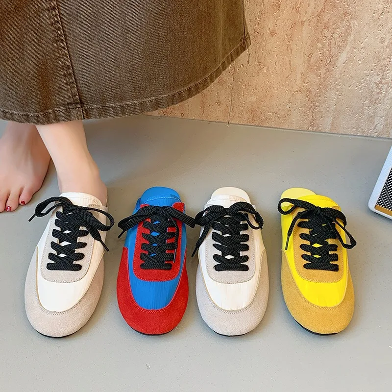 

Summer 2025 Women Casual Shoes Comfortable Fabric Round Toe Flat Mules Street Style Cross Frenulum Slippers Outdoor Slides Shoes