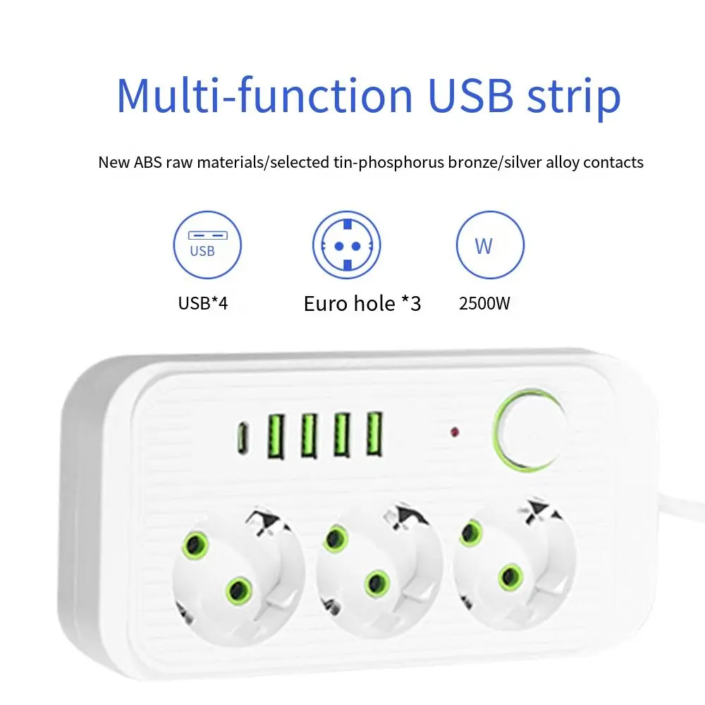 2m Extension Cord EU Outlet Power Strip 4 USB Ports Independent Switch Extended USB Socket 3-Outlets Power Button Safe