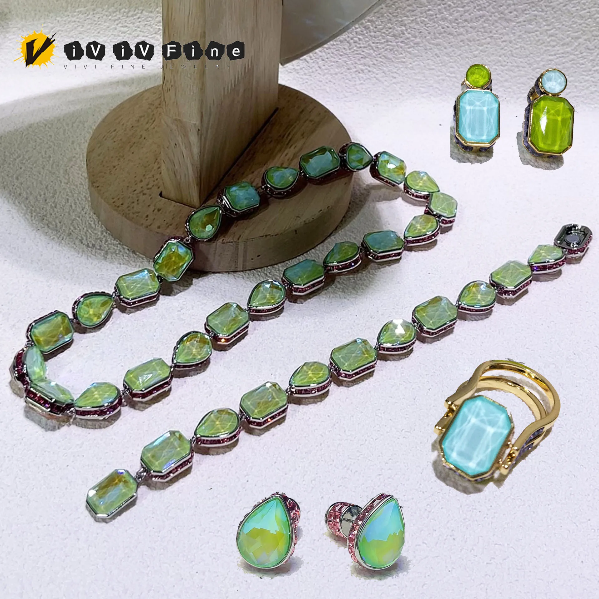 

2025 Original Charm Geometric Colored Gemstone Necklace Fashion Fine Jewelry Set for Women Flip Gemstone Ring Romantic Jewelry