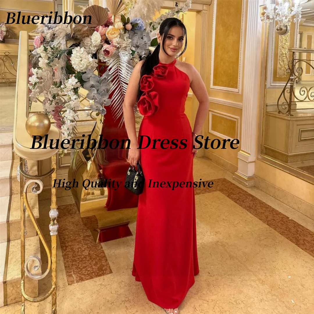 Blueribbon Halter Neck Sleeveless Prom Dresses with Flowers Zipper Back Evening Party Gowns Floor Length Wedding Guests Dress