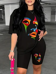 Women's summer casual loose fit large size Abstract Art Face print round neck short sleeved T-shirt+tight shorts two-piece set