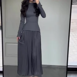 Long Sleeves Dresses Women Clothing New Round Neck Back Strap Slim Fit Dress Y2k Skirt for Female Streetwear 2024 Autumn Winter