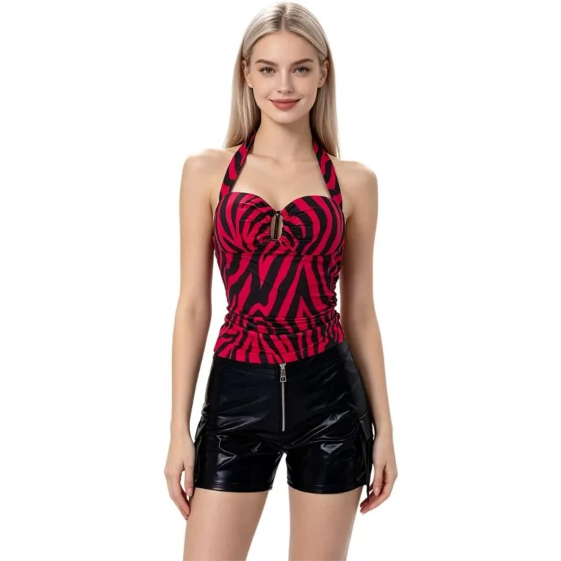Women Zebra Striped Halter Tank Top Sweetheart Neck Cutout Front Ruched Sleeveless Slim Fit Summer Party Camisole