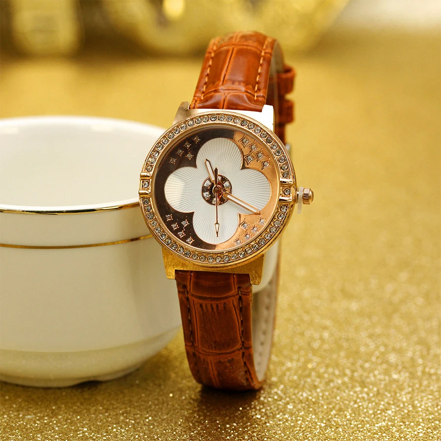 أزياء النساء اللباس الساعات عارضة أربع أوراق البرسيم السيدات لامعة بو حلقة من جلد كوارتز ساعة Reloj Mujer الفتيات على مدار الساعة هدية #5