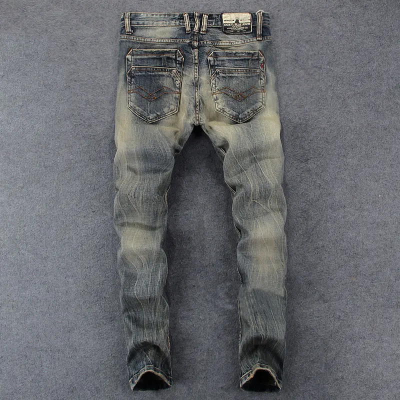 Fashion Trendy Men Jeans High Quality Retro Washed Blue Elastic Slim Fit Ripped Jeans Men Vintage Designer Denim Pants Hombre