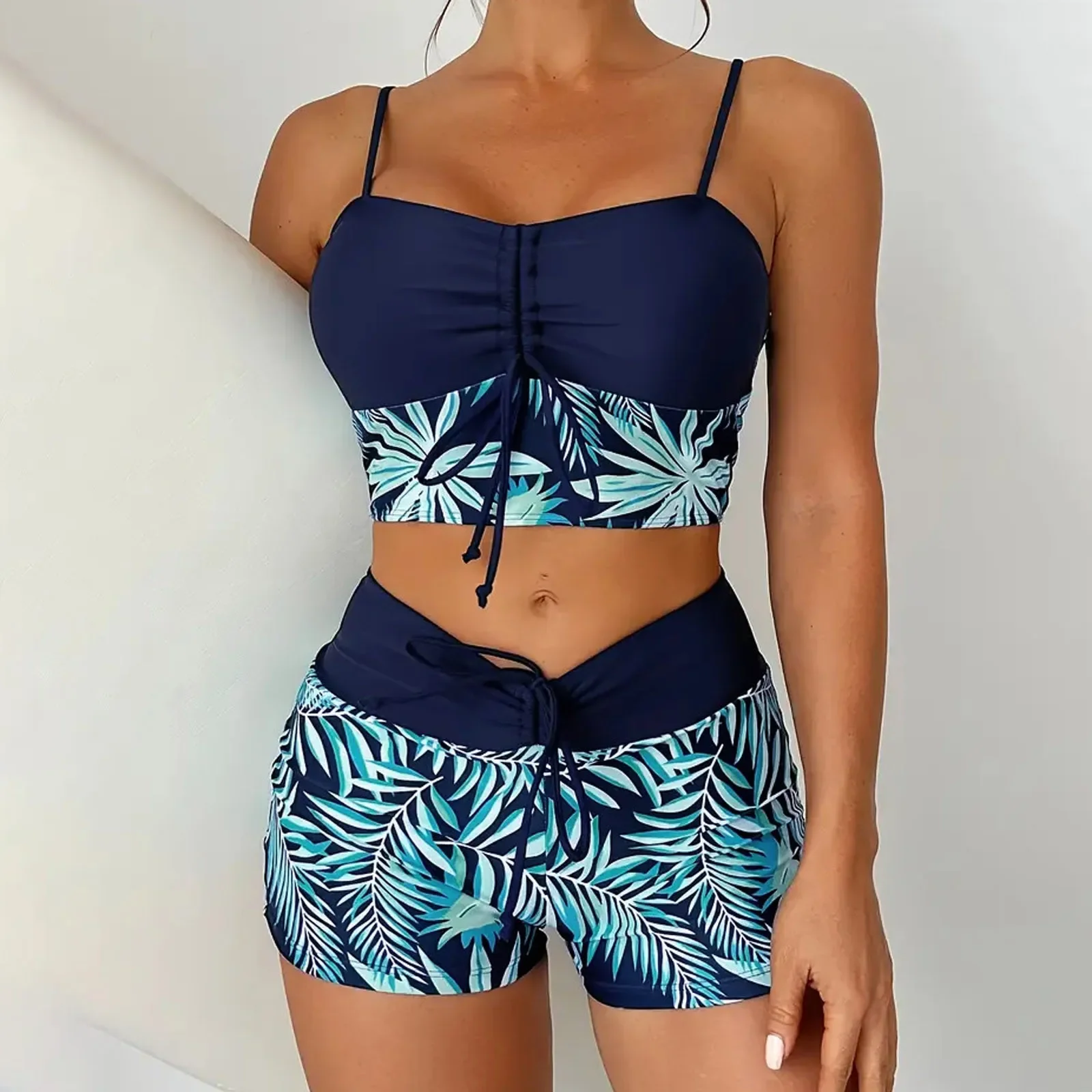 

Women'S Swimsuit 2024 Europe Fashionable Swimming Wear Costume Solid Color Printed High Waisted Split Flat Angle Biquinis