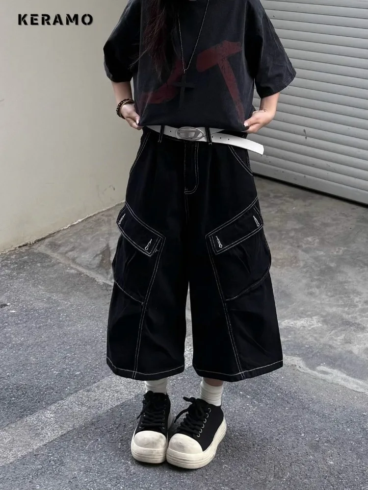 American Vintage High Street Jeans Y2K Harajuku Solid Pockets Denim Trouser 2025 Summer Women's Grunge Casual 2000s Pants