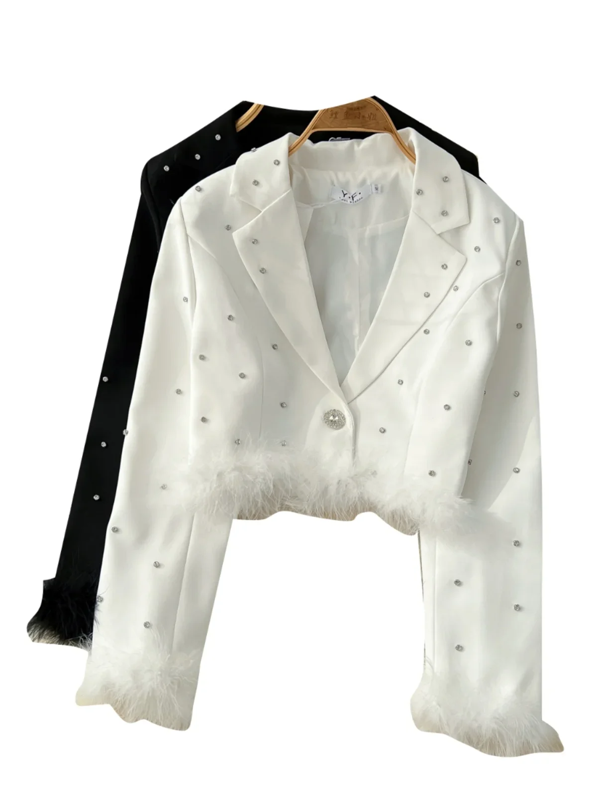 Premium Heavy Industry Diamond-encrusted Short Jacket Women\'s 2024 Fall New Feather Splicing Long-sleeved Suit Collar Top