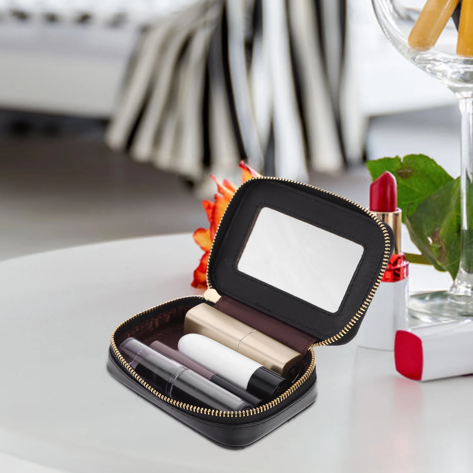 

Lipstick Mirror Touch-Up Pouch Portable Makeup Bag For Travel Hiking Camping Parties Holiday Gift Cosmetics Storage Organizer