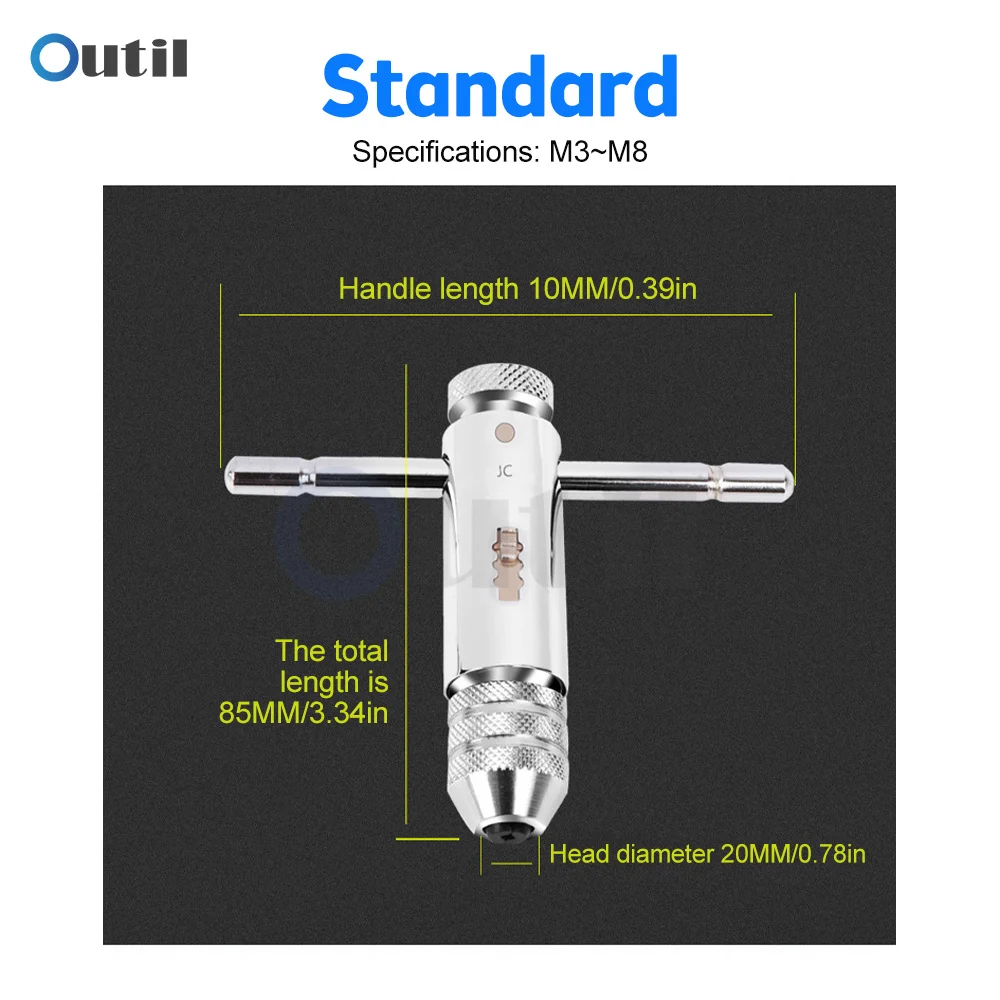 1pcs Adjustable Silver T-Handle Ratchet Tap Holder Wrench for M3-M8 3mm-8mm Machine Screw Thread Metric Plug T-shaped Tap