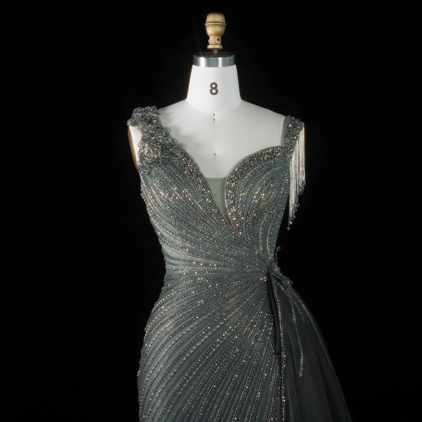 Sharon Said Abendkleid Glamouröses Grünes Tüllkleid mit Perlen und Quasten, Sweetheart-Ausschnitt, Luxuriöses Dubai-Formelles Hochzeits- und Partykleid SS103 Maßanfertigung – Detail 17