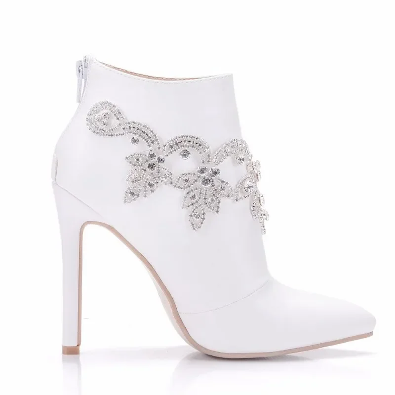 Autumn Winter Boots For Women Ankle Boot Rhinestone ZIP PU 11CM Thin high heels Concise Lady Wedding Women Shoes white