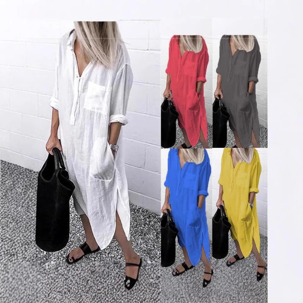 ชุดเดรสยาวผู้หญิงเสื้อลําลองชุดเปิดลงปกสีทึบ Maxi ชุดกระเป๋า Splicing Office Lady Vestidos ฤดูร้อน 2025