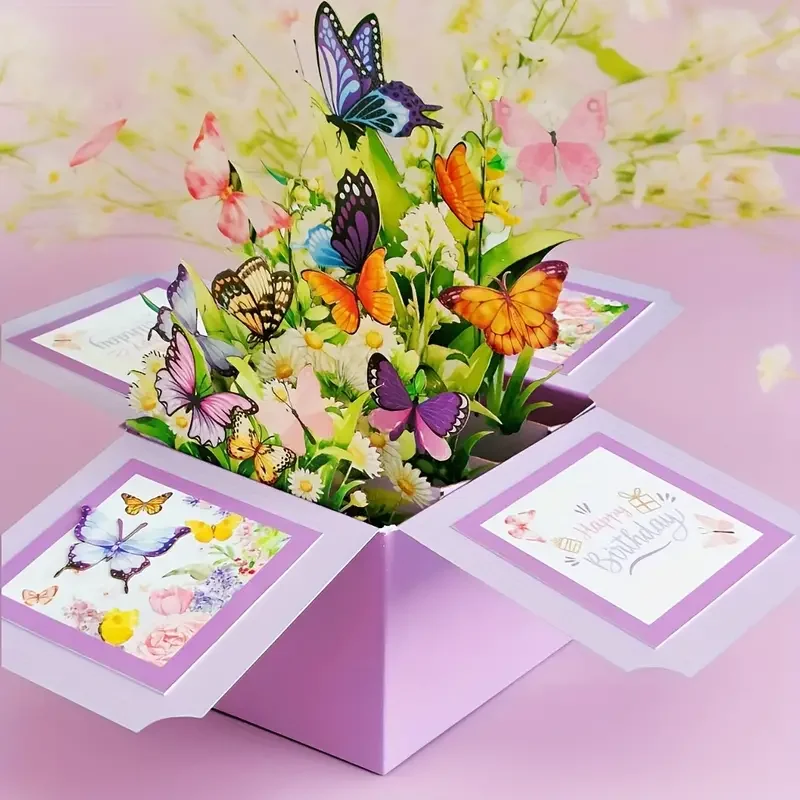 1pc 3D Pop-Up Birthday Greeting Card - Floral and Butterfly Design for Any Recipient, Handwritten Note FeaturePaper Construction