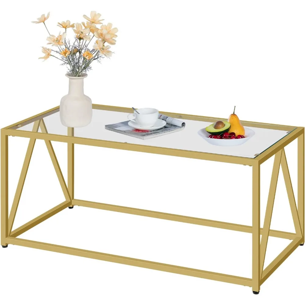 Gold Glass Coffee Table Modern Living Room Center Table Easy Assembly 39.4x19.7x17.7 Inches