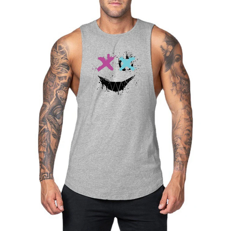 Trendy Personality Funny XX Smile Face Print Vests Mens Fitness Cotton Sleeveless Tank Tops Gym Bodybuilding Sport Loose T-shirt