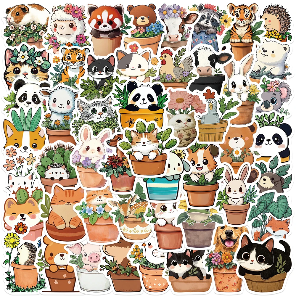 50pcs Cartoon Cute Flower Pot Animals Stickers Decals For Phone Scrapbook Luggage Guitar DIY Aesthetic Stickers Creative Gifts