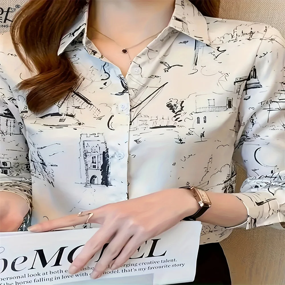 Printed Long Sleeved Shirt - Casual Button Front Design Pocket Details Loose Fit Soft Fabric Suitable For Daily Women's Fashion