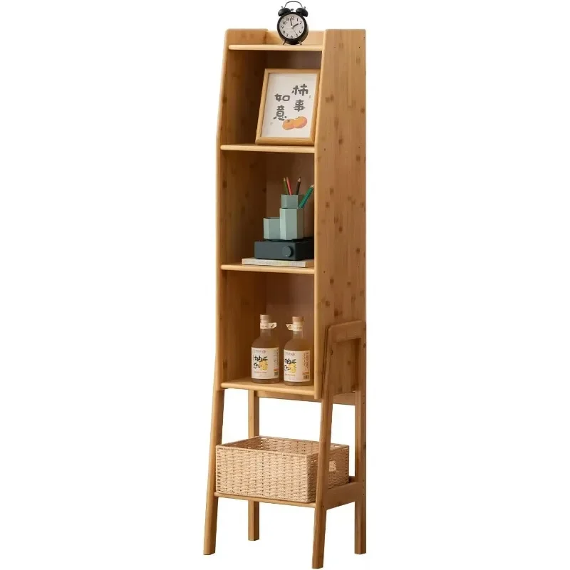 4-Layer bamboo bookcase, classic modern bookcase, bamboo storage bookcase, suitable for living room and home