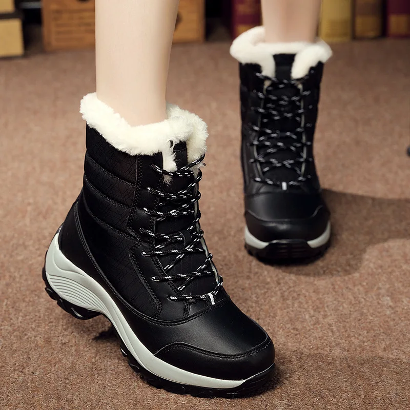 High quality mid calf leather snow boots for women new 2023 winter size 41 42 outdoor plush warm walking shoe - black beige