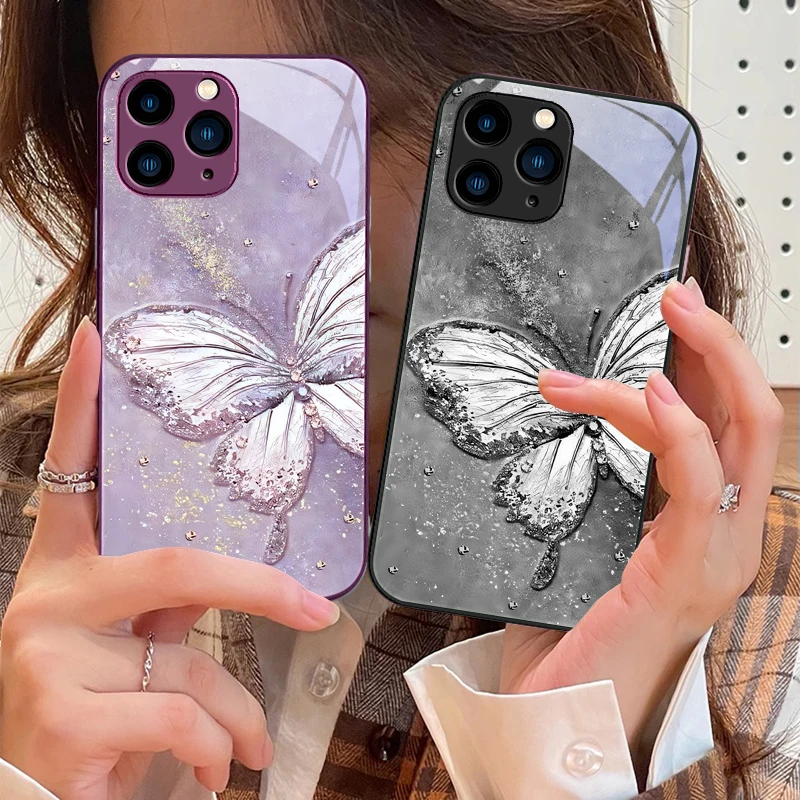 

Rainbow Butterfly Green For IPhone 16 Pro Max 15 Pro 14 13 12 Mini 11 XS Max XR 7 8 Plu SE 2022 Tempered Glass Phone Case