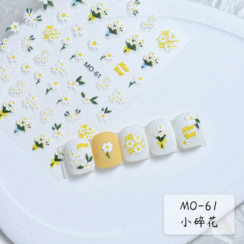 1pc Dopamine Color Flowers Embossed Nail Art Sticker 5D Spring Summer Design Sliders Manicure Decals Self-Adhesive