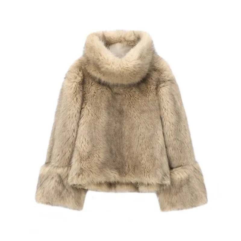 Fashion Faux Fur Women Coat Thicken Turtleneck Full Sleeve Female Pullover 2025 Autumn Winter Warm Vintage Fluffy Women Clothing